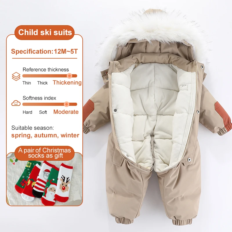 -Ropa de invierno para bebé de 30 grados, monos, prendas de vestir, trajes para bebés, traje de esquí para bebé, mono grueso para bebé, impermeable con capucha para niñas