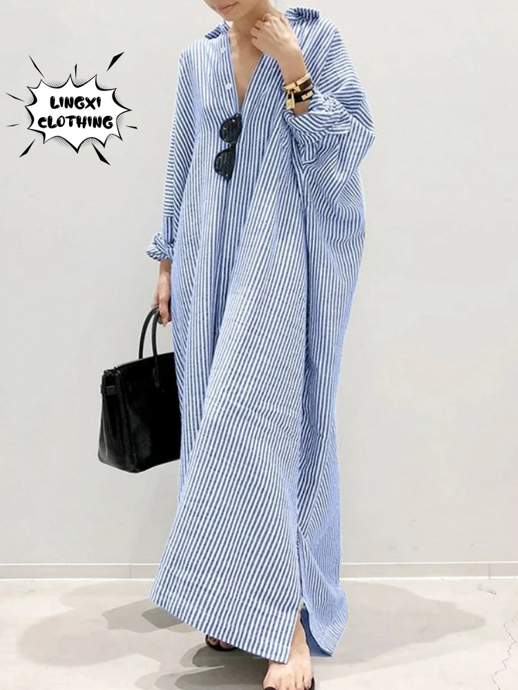 Plus Size Nieuwe Damesjurk Mode Streep Single Breasted Shirt Losse Casual Stijl Elegante Dames Katoenen Hennep Lange Jurk