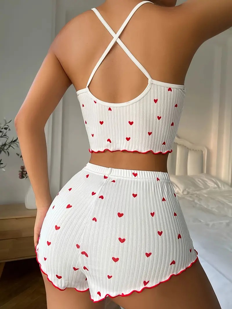 Conjunto de pijamas femininos com estampa de coração, tecido canelado macio com babados glamour, top casual e shorts, roupa de dormir
