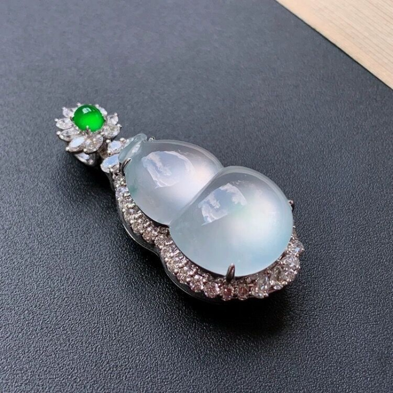 Natural Burmese Jade Fortune Pendant Inlay18kIce Gourd Jade Pendant Necklace for Women Gift