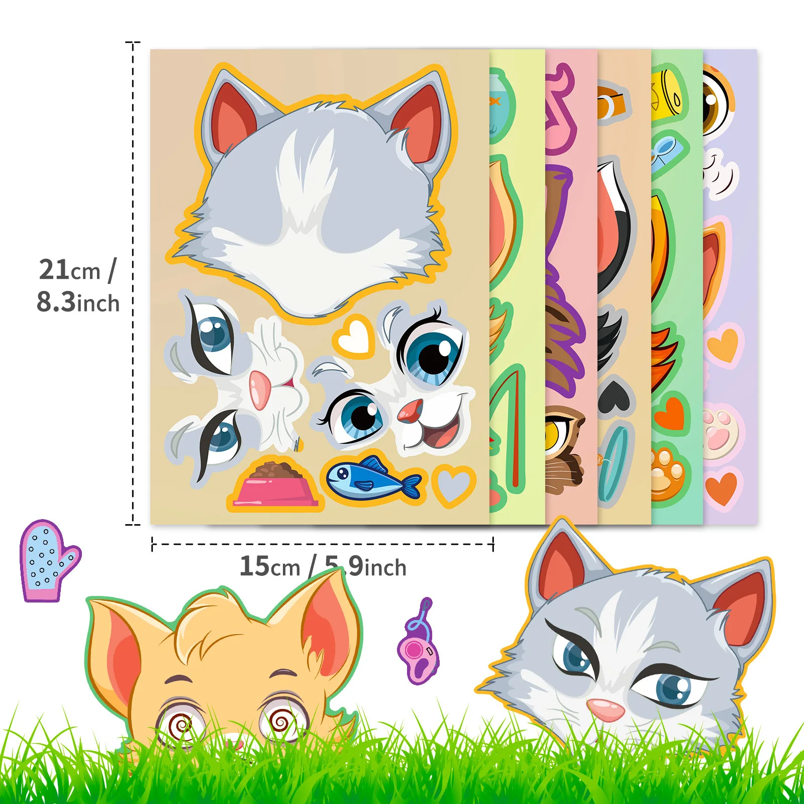 6 ชิ้นการ์ตูนหัวแมวเปลี่ยนปริศนาสติกเกอร์การ์ตูนสัตว์ Make a face ของเล่นเปลี่ยนสติกเกอร์ DIY ของเล่นเด็ก