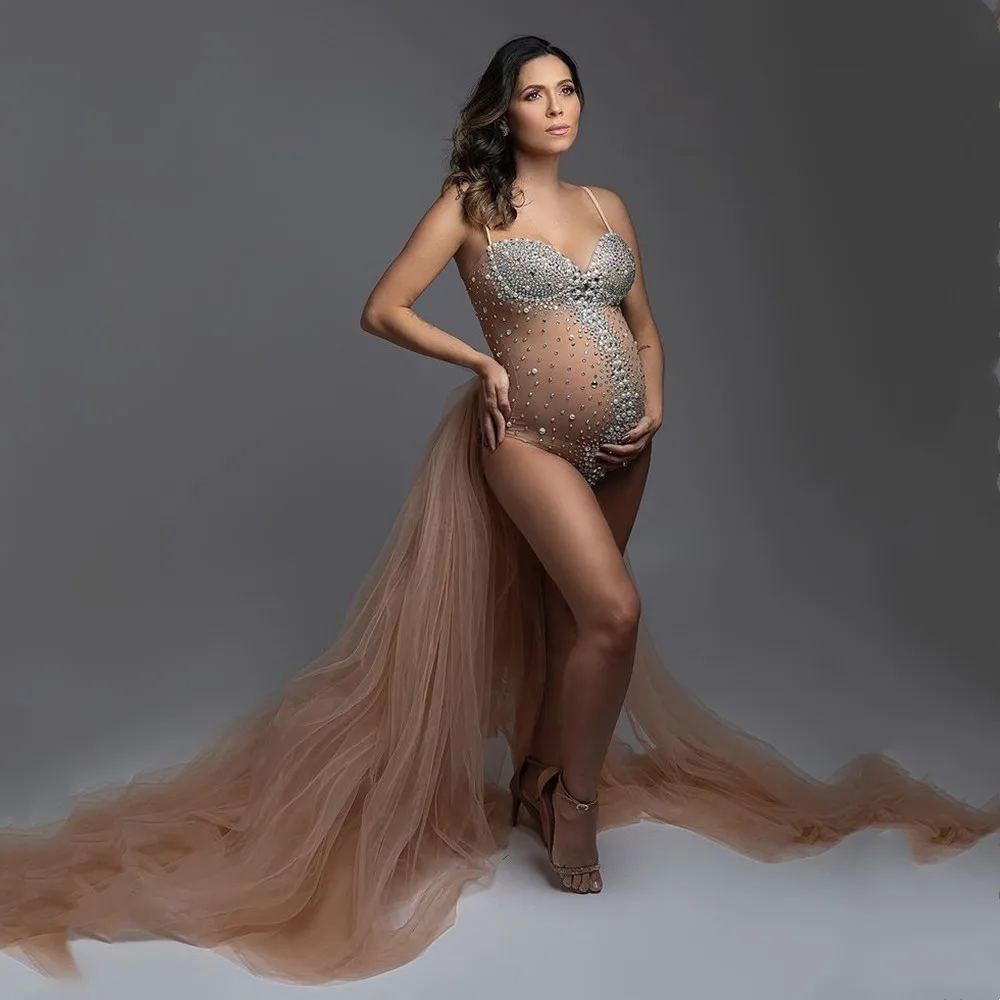 빛나는 크리스탈 사진을위한 출산 바디 수트 SeeThrough Tulle Stretchy 임신 사진 촬영 라인 석 바디 수트