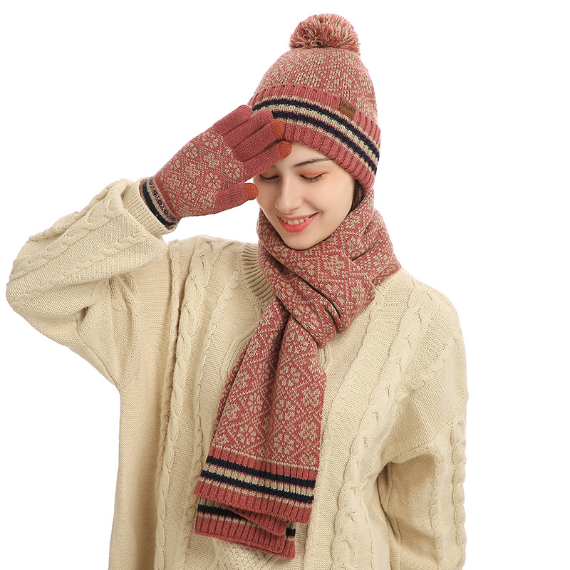 Frauen Winter warm halten Set Fleece Futter Mütze Tele finger Handschuhe verdicken Schal Weihnachts mütze Schnee Design Halstuch 3 Stück