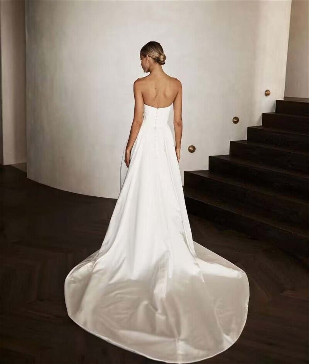 Abiti da sposa eleganti in raso bianco Abito da sposa economico senza spalline a sirena 2024 Abiti da sposa da chiesa con strascico lungo Boda personalizzati