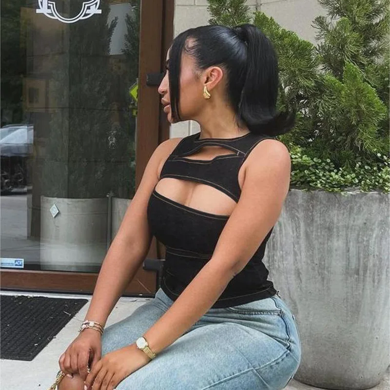 Talenza 女性のノースリーブラウンドネックベスト夏無地中空スリムベストトップファッションセクシーなストリート女性のスリムベストトップ