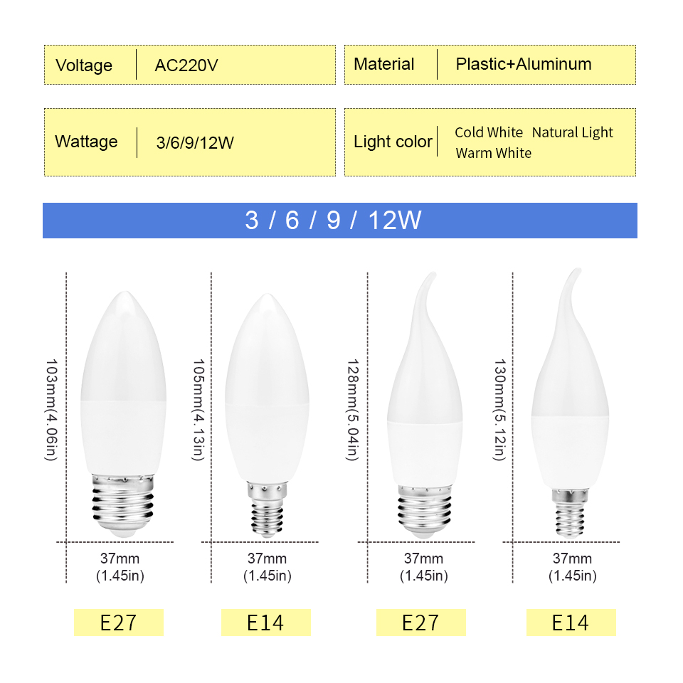 10 stücke E27 E14 Led-lampe 220 V Kerze Birne Energiesparlampe 3 W 6 W 9 W 12 W Led Kronleuchter Licht Scheinwerfer Led für Home Dekoration