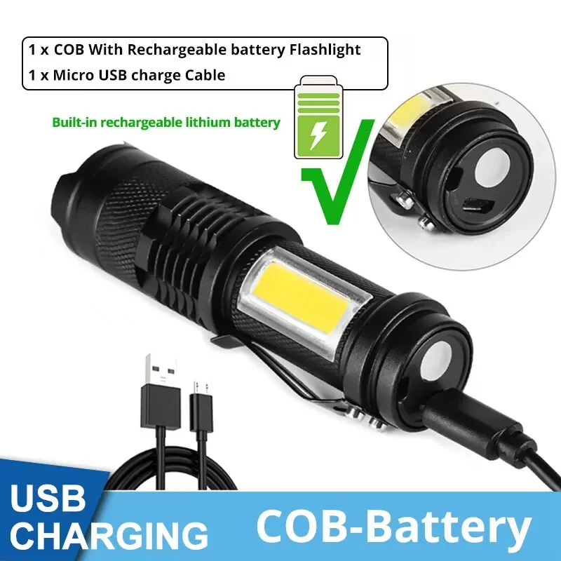 Mini lampe de poche LED Rechargeable, XPE COB, perle, Double Source de lumière, Flash pour aventure, Camping, pêche, alpiniste
