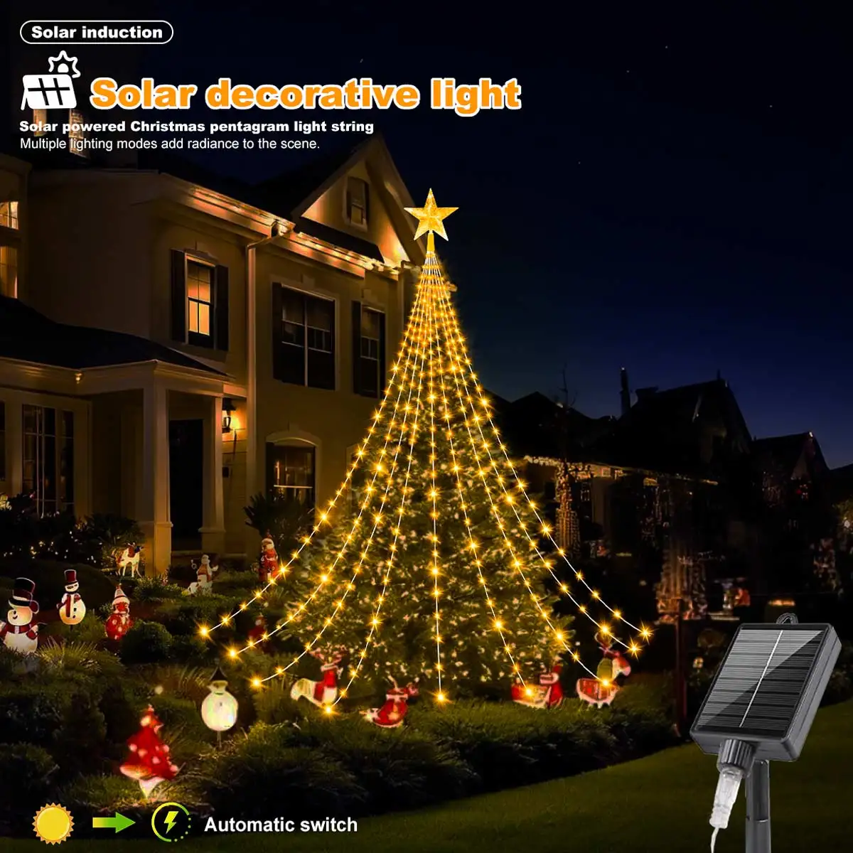 Decoración navideña solar, cadena de luces de estrellas, 2/3M, 8 modos, cascada, árbol de Navidad, luces de hadas para bodas al aire libre, vacaciones