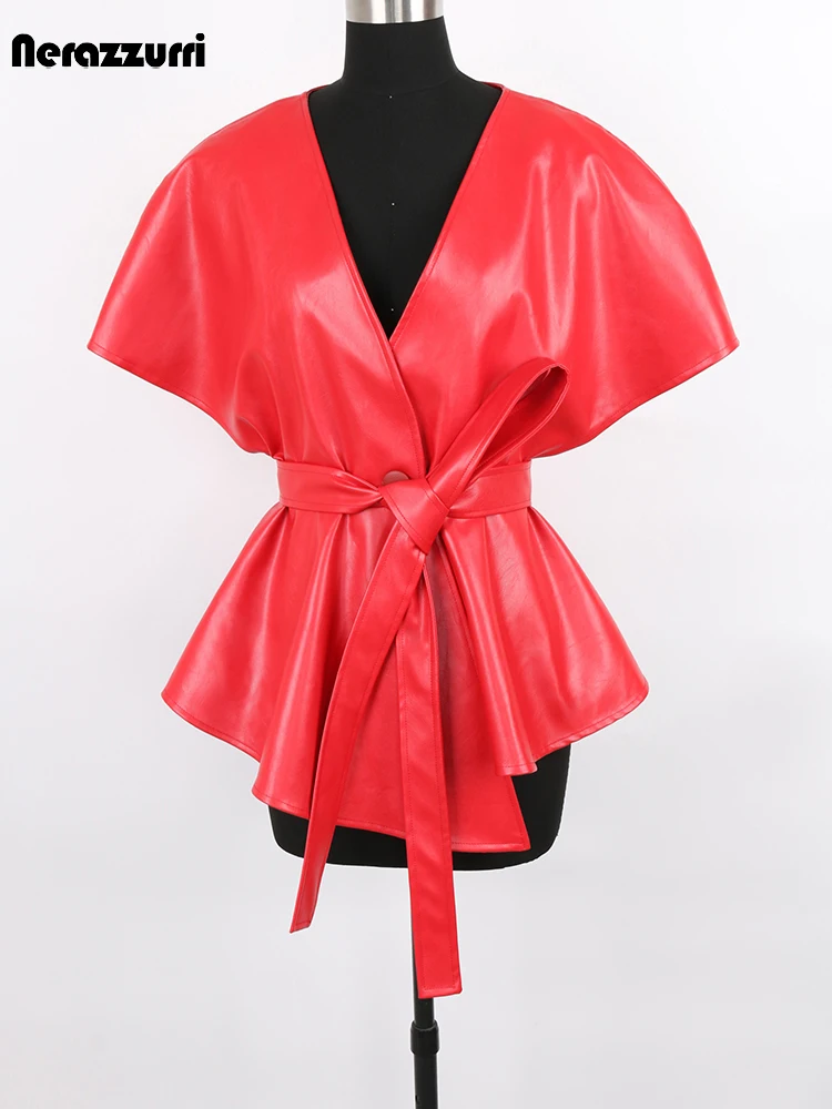 Nerazzurri Frühling Kurzen Roten Faux Leder Weste Frauen Gürtel Runway Fashion Elegante Luxus Designer Kleidung Ärmellose Jacke 2022