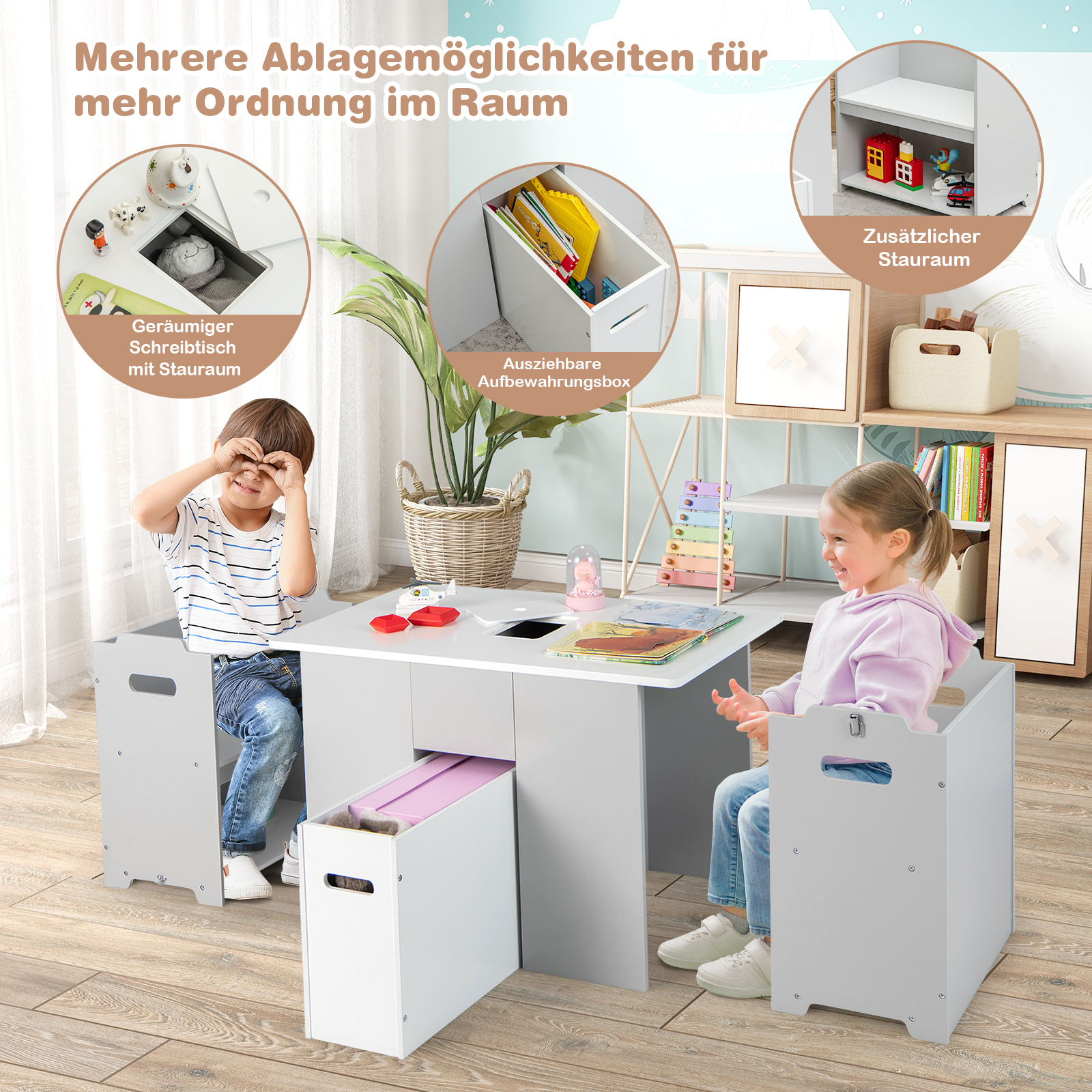 3 TLG. Kindersitzgruppe, Kindertisch mit 2 Stühlen, 4 in 1 Aktivitätstisch mit Stauraum & abnehmbarem Deckel, multifunktionale