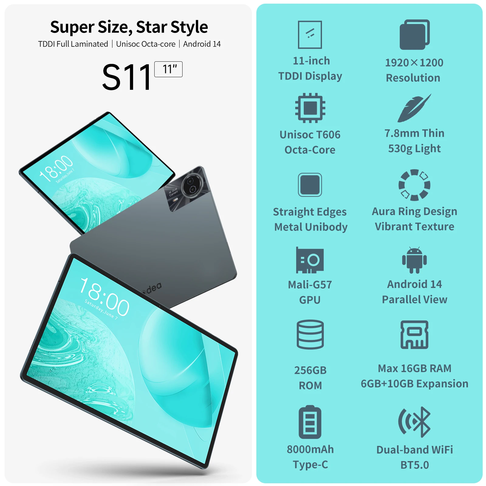 Odea s11 tablet android 14 max 16gb ram 256gb rom t606 8-core 11 zoll tddi tabletten 4g volte gps 8000mah widevine l1 typ-c
