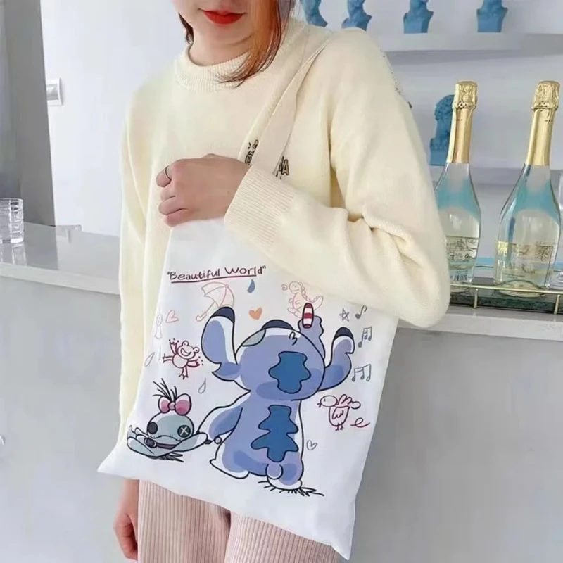 Grande capacidade disney stitch versátil bonito bolsa de compras feminina bolsa de compras casual bolsa de estudante feminina