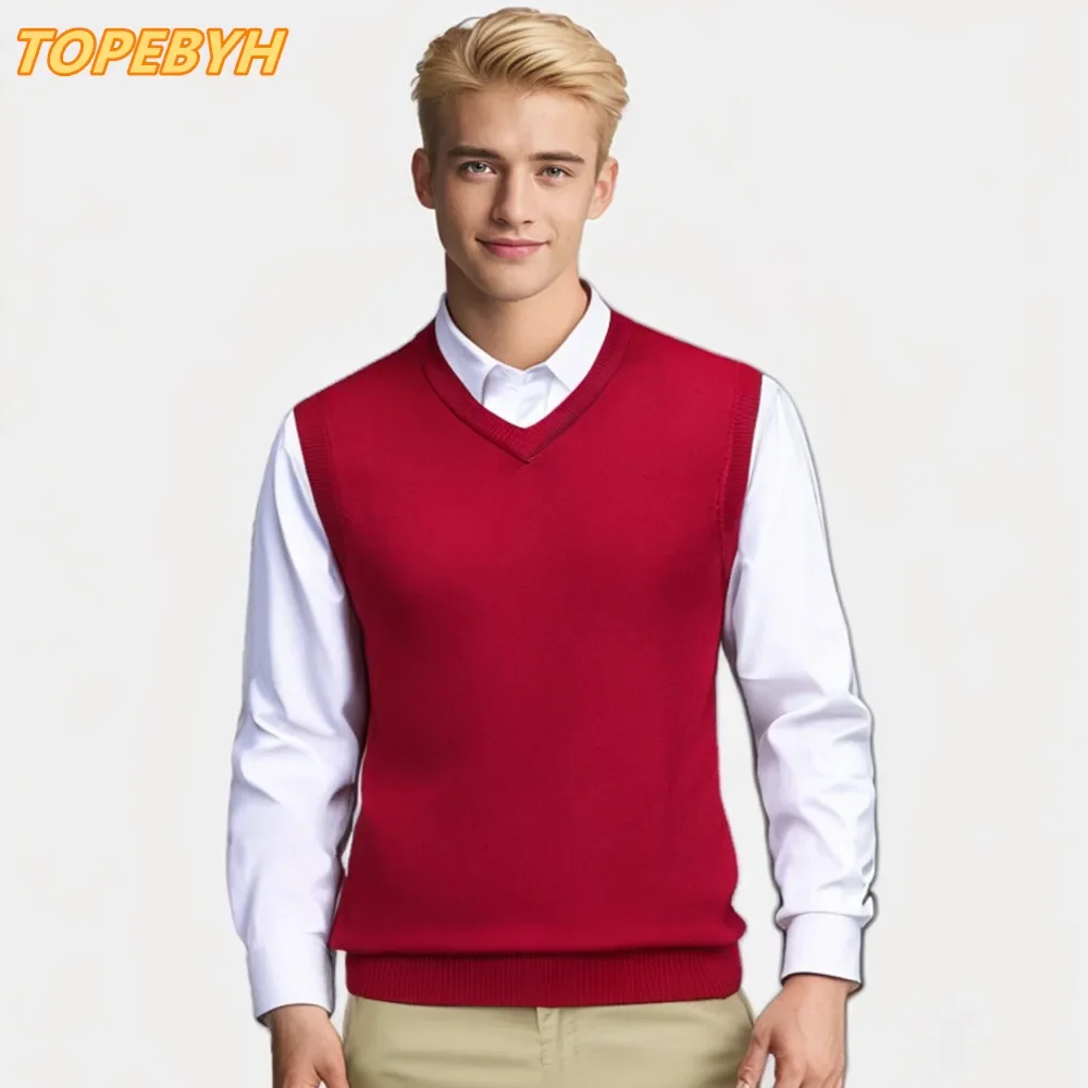 2025ผู้ชายใหม่ฤดูใบไม้ร่วงHigh-Endเสื้อกันหนาวVคอถักแขนกุดMensเสื้อผ้าPullover Tops