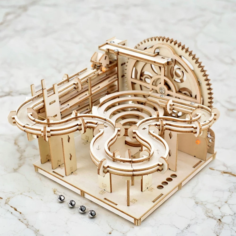 Puzzle in legno 3D Kit di costruzione fai-da-te Modello meccanico Set di marmo con 4 palline Giocattoli STEM creativi per adulti Regalo di compleanno per bambini