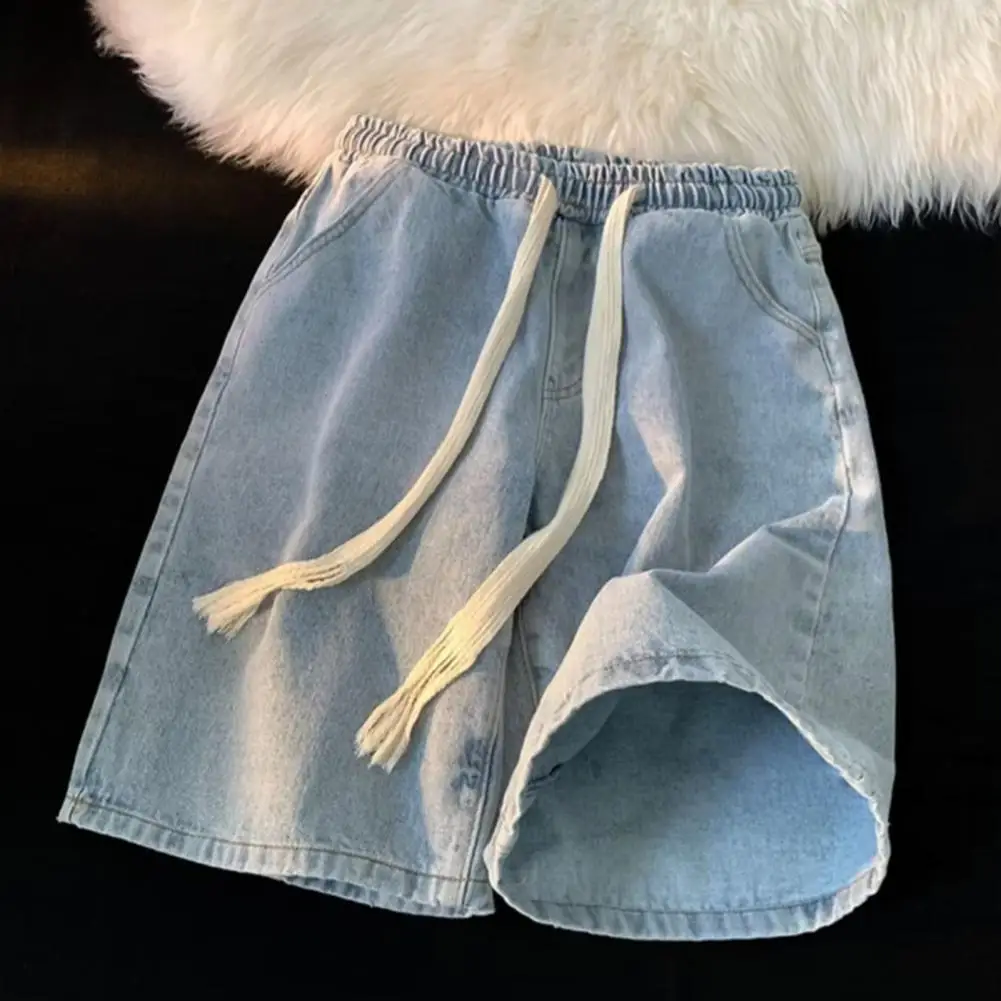 ผู้ชายกางเกงขาสั้นผ้ายีนส์ขากว้างผู้ชาย Quick-drying DENIM กางเกงขาสั้นชายหาดยืดหยุ่นสายรัดเอวกระเป๋าฤดูร้อนกางเกงขาสั้นขากว้าง