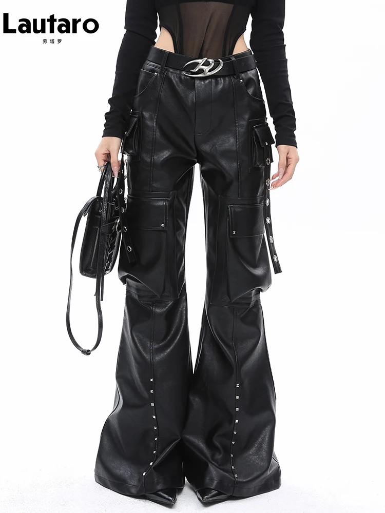Lautaro Frühling Herbst weich schwarz baggy pu Leder weites Bein Cargo hose für Frauen hohe Taille Luxus Designer emo amerikanische Kleidung
