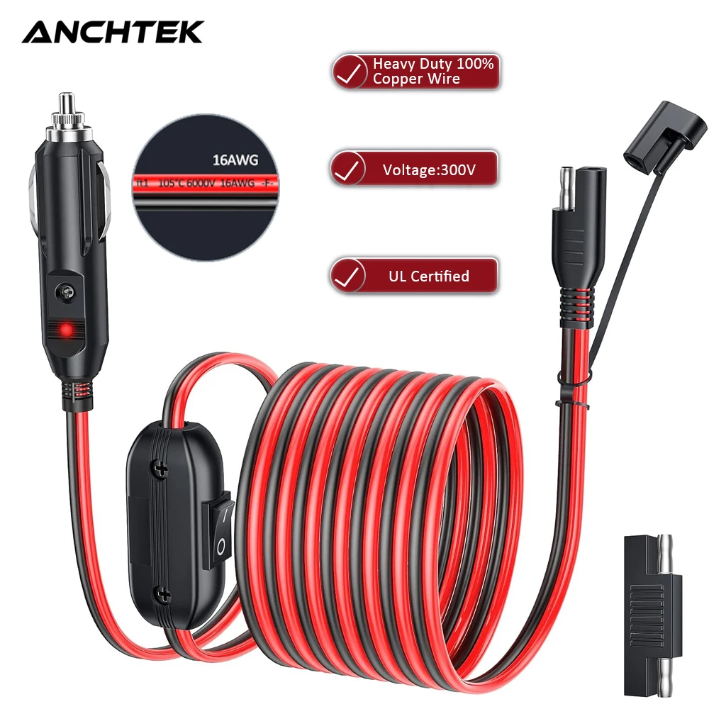 Anchtek-Cable cargador de batería SAE para encendedor de cigarrillos, adaptador de liberación rápida con interruptor para paneles solares RV y motocicleta, 16AWG, 12V