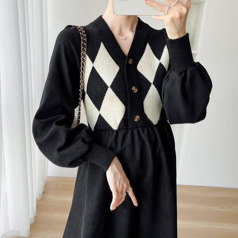 Vestido largo de punto para mujer embarazada, ropa de embarazo, suéter de retazos con cuello en V y botones, otoño e invierno, 2023