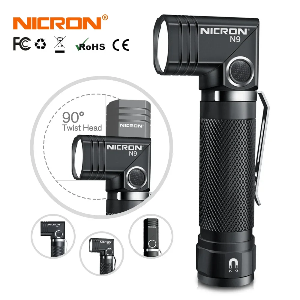 NICRON N9 linterna LED táctica 90 grados giro 1000LM altos lúmenes impermeable IP65 imán Mini antorcha luz al aire libre