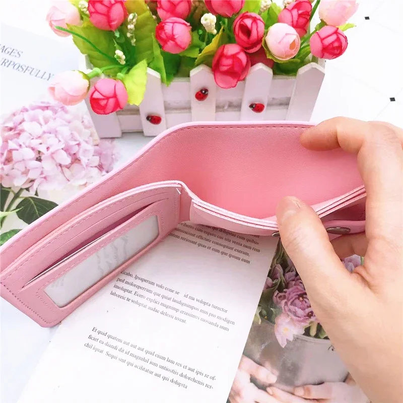 Cartera pequeña de Hello Kitty para mujer, bolso rosa, monedero Kawaii con botones, monedero plegable, Kuromi Cinnamoroll