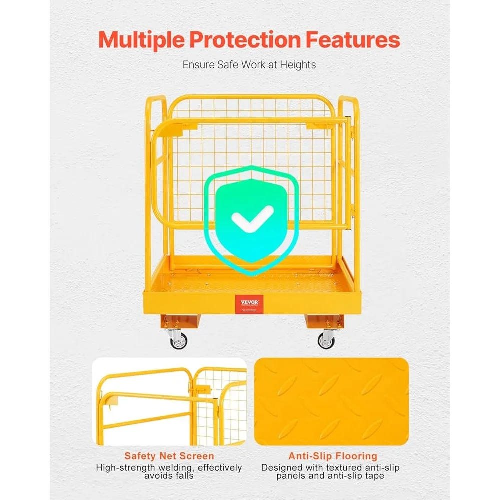 Forklift Safety Cage Foldable Work Platform Heavy Duty 1200 lbs Load Capacity with Lockable Swivel Wheels and Drainage Hole