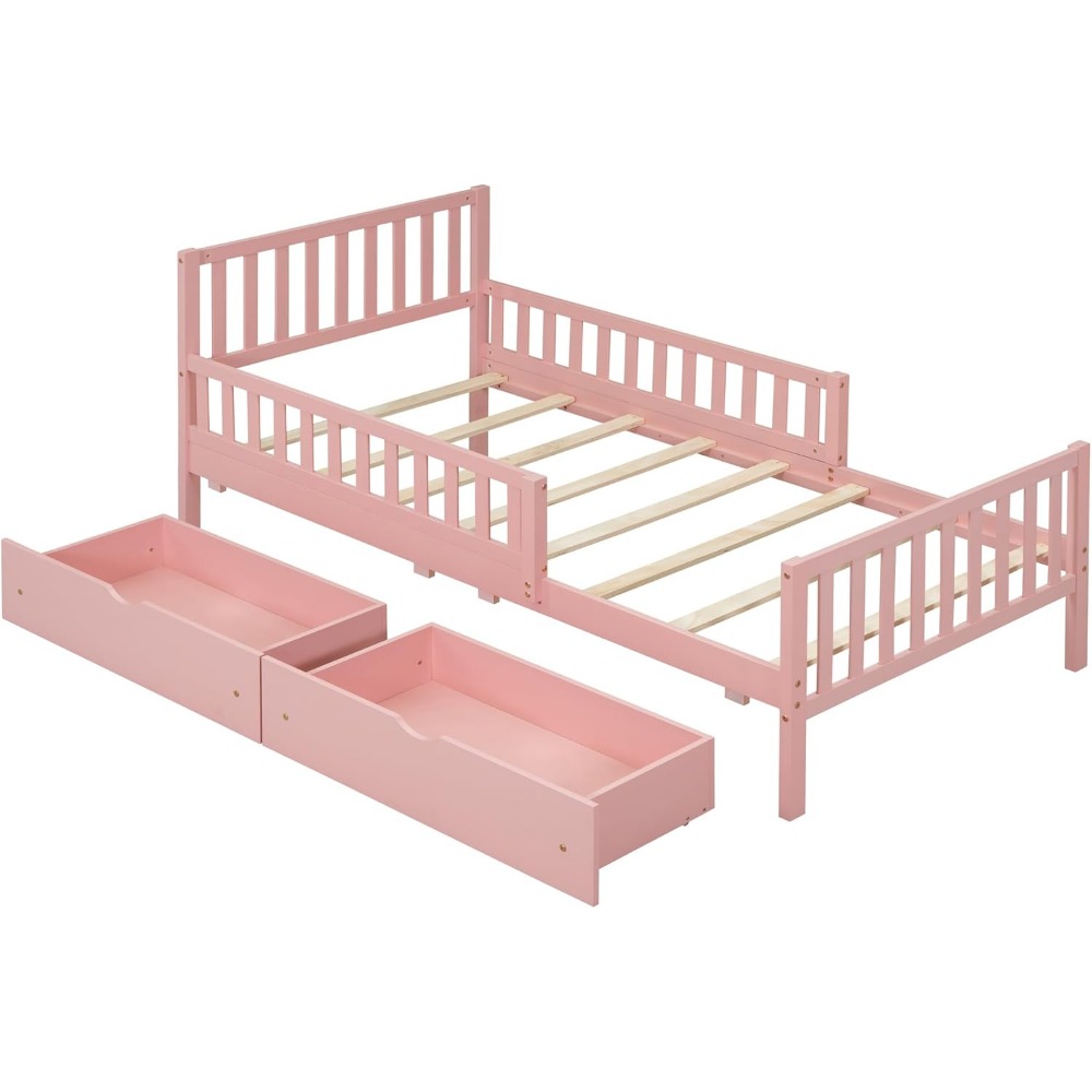 Kids Twin Bed with Guardrails, Low Platform Bed with Headboard and Footboard, Pink Children Bed Frame with 2 Drawers for Boy Gir