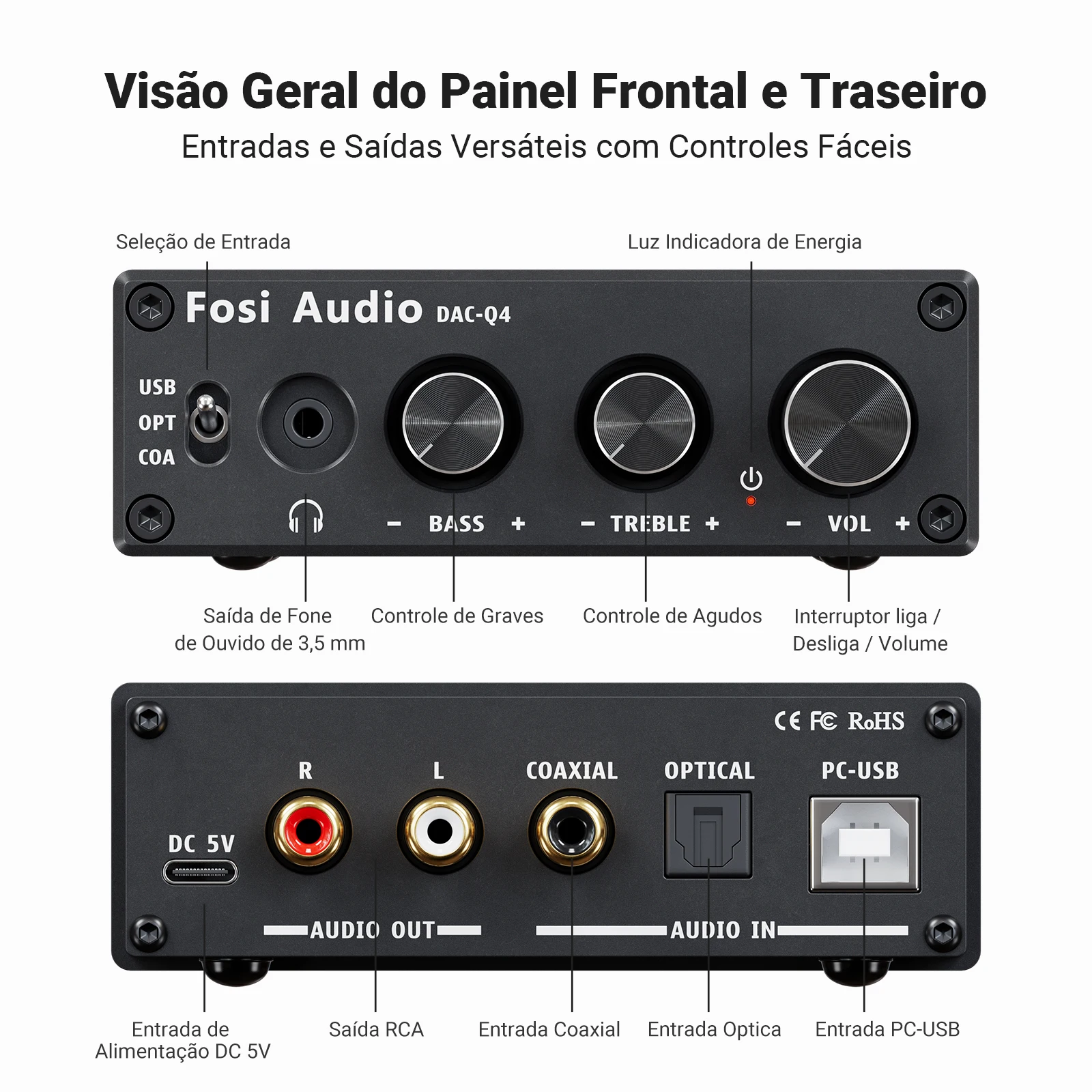 Fosi audio q4 mini estéreo usb gaming dac & amplificador de fone de ouvido adaptador conversor de áudio para casa/desktop alimentado/alto-falantes ativos