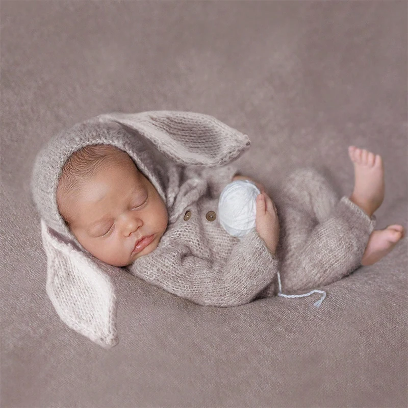 Adereços para fotografia de recém-nascidos, 2 peças, conjunto de malha, fantasia de coelho para recém-nascidos, sessão de fotos, infantil, menino, menina, adereços para fotografia