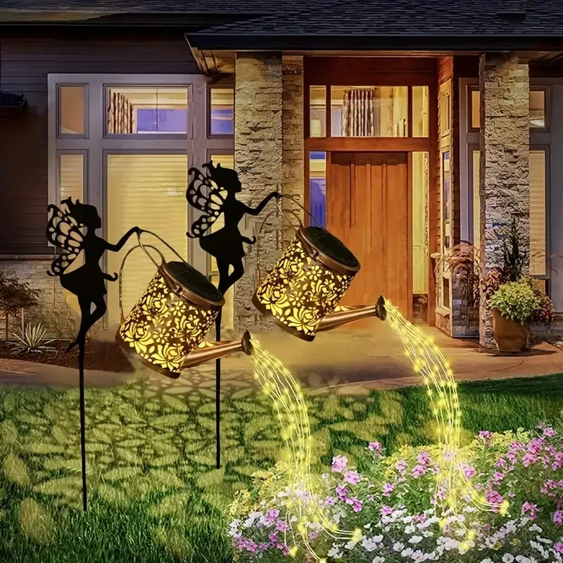 Luzes de fadas de rega movidas a energia solar vintage metal pendurado chaleira lanterna decoração do jardim ao ar livre para quintal pátio villa decoração