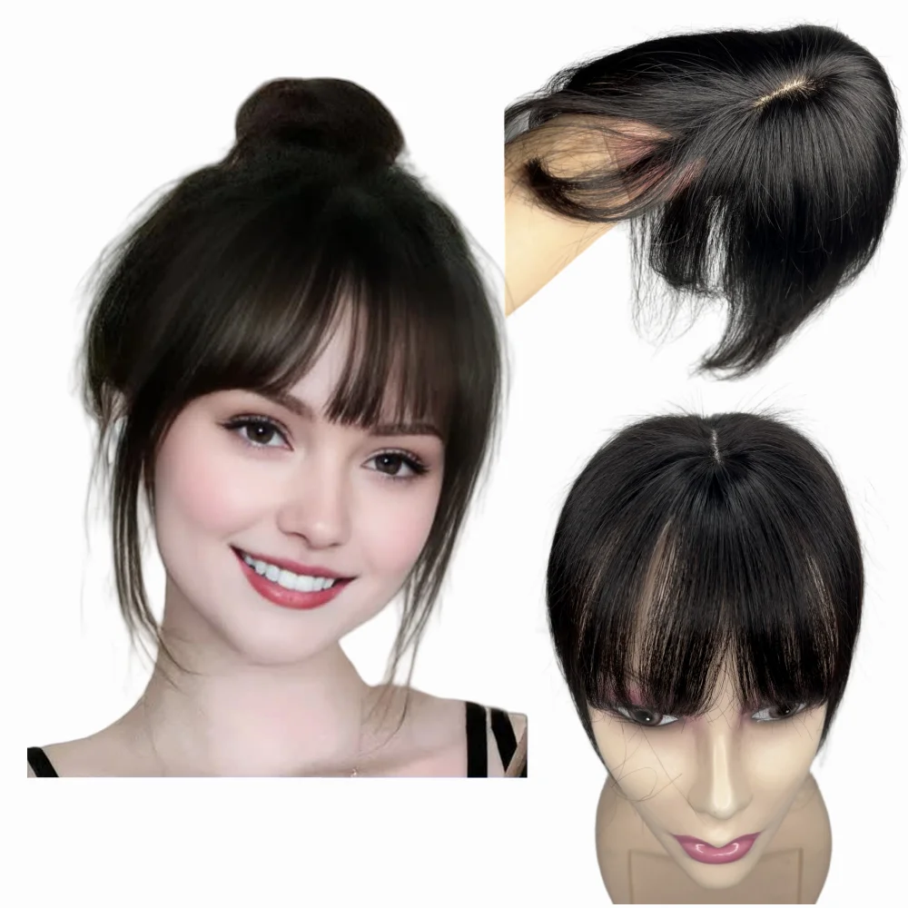 Toppers Anêmona para mulheres, cabelo humano real, franja, grampo de cabelo 360 °   Toppers de cabelo humano 3D Cover Bang para mulheres diariamente