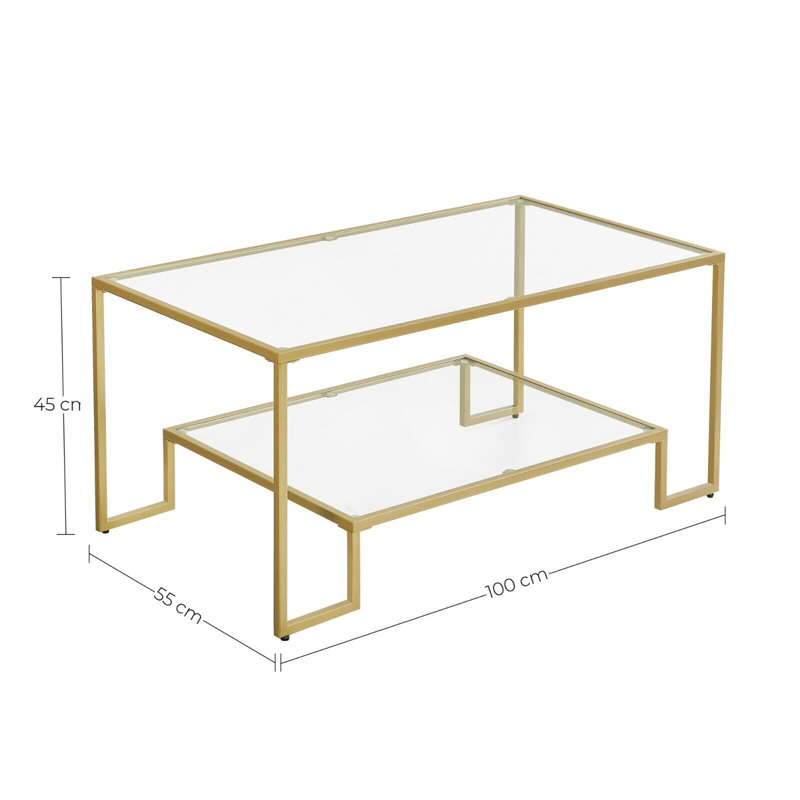 VASAGLE Table Basse, Table de Salon, 2 Niveaux en Verre trempé, Cadre en Acier, 100 x 55 x 45 cm, rectangulaire, décoration de Salon