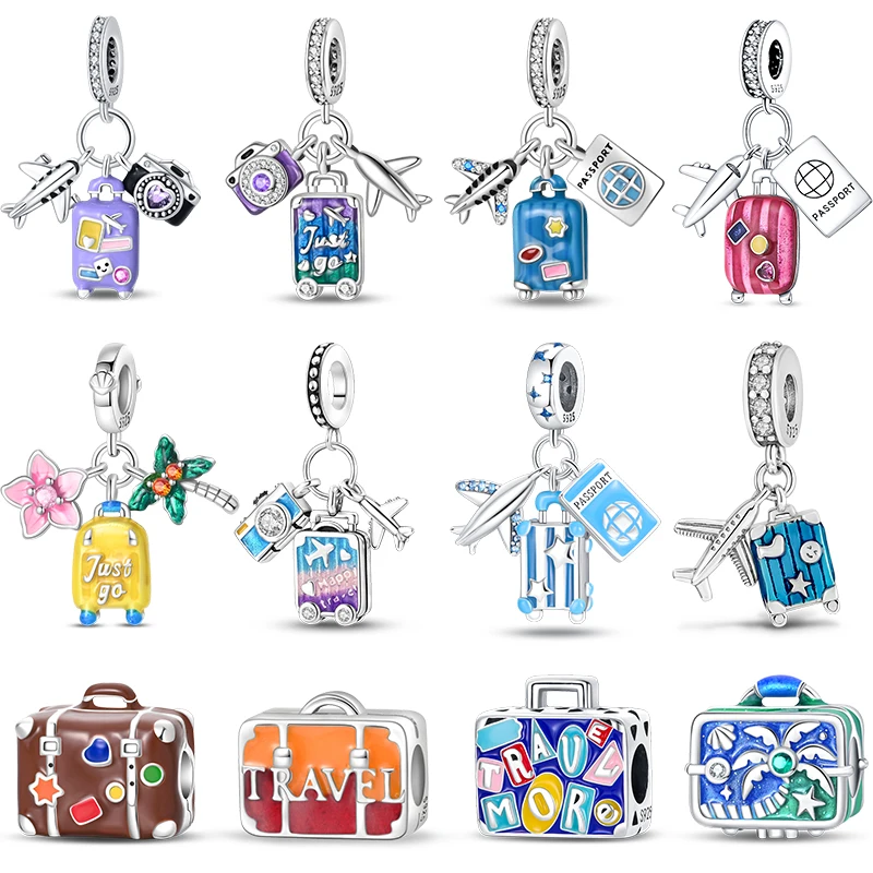 925 prata esterlina moda colorida viagem bagagem encantos contas caber qikaola pulseiras originais diy aniversário jóias para wome