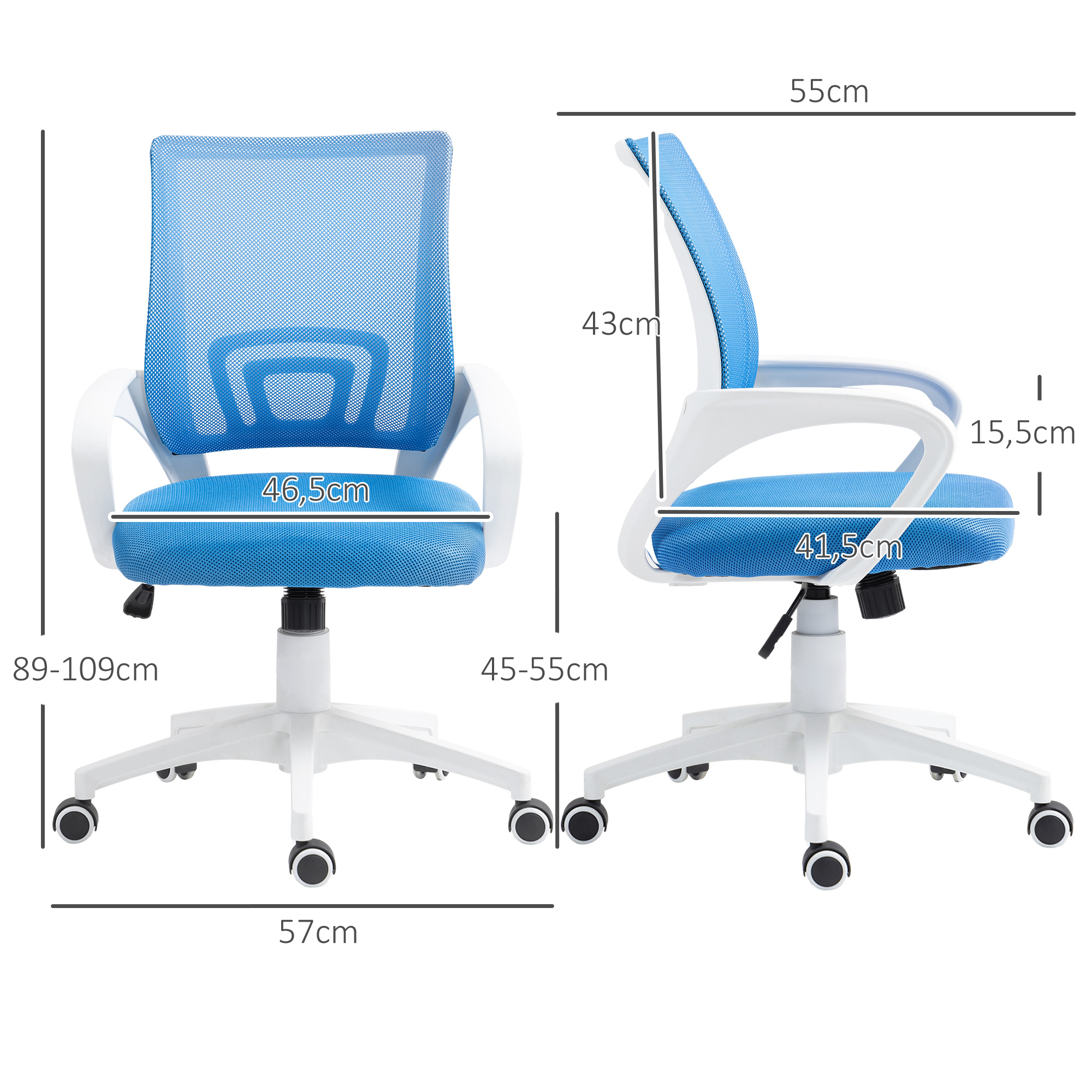 HOMCOM-Cadeira Mesh Office com Altura Ajustável, Azul Claro, 120 kg