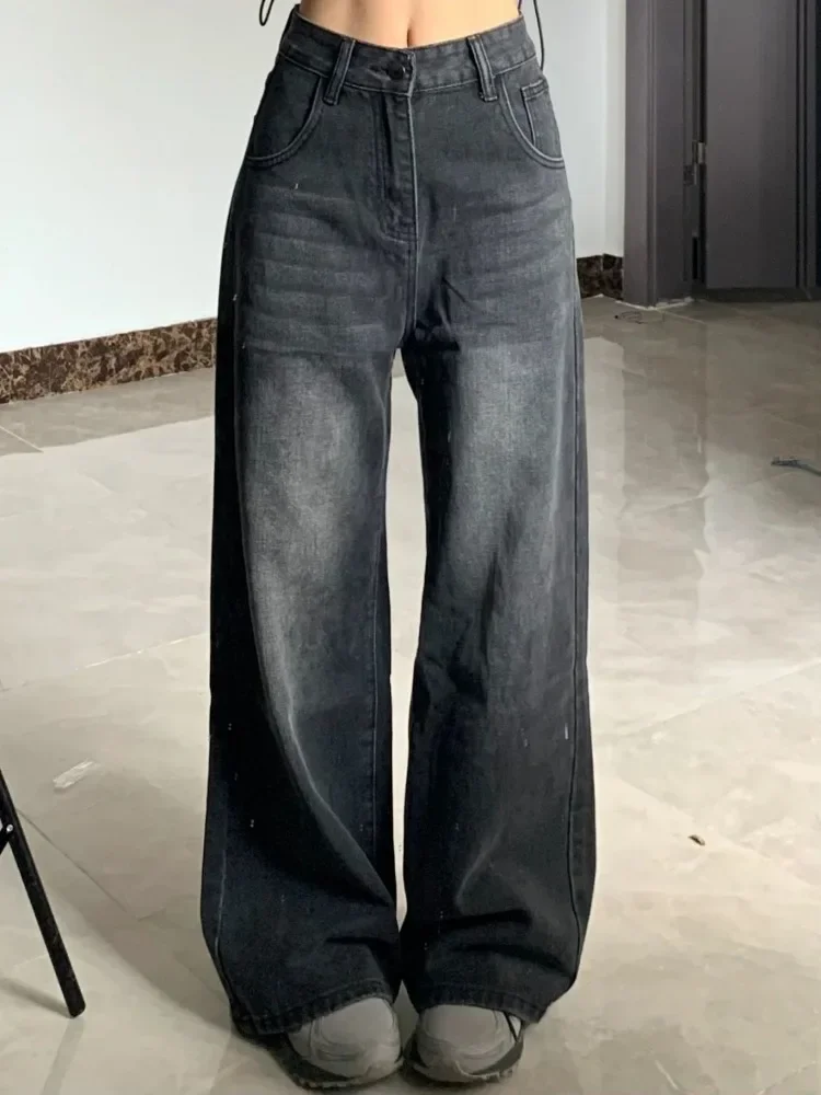 HOUZHOU Vintage Schwarze Jeans Damen Hohe Taille Grunge Y2k 90er Jahre Streetwear Baggy Casual Koreanische Mode Gerade Gewaschene Denim Hose