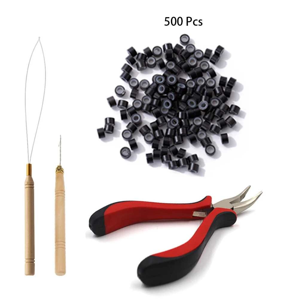 Extensões de cabelo contas ferramentas kit extensões micro puxando agulha, loop threader & 500 peças silicone forrado micro anéis