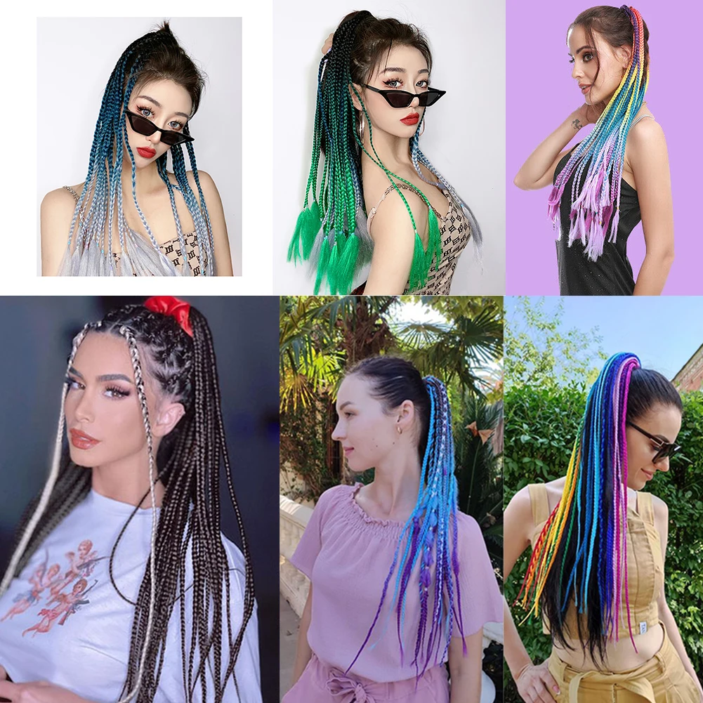 Extensão de cabelo sintético trançado colorido para mulheres, tranças coloridas do arco-íris, rabo de pônei com elástico para meninas, 24 polegadas