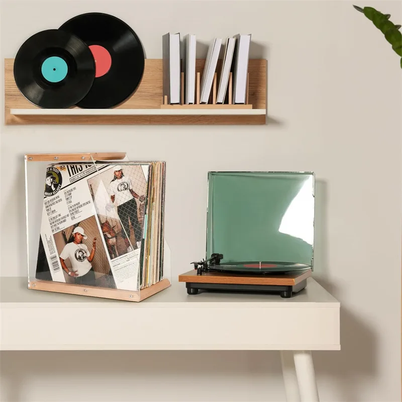 Scaffale per dischi in legno Ornamento da tavolo Espositore per dischi in vinile trasparente Scatola portaoggetti per libri con nastro Organizzatore in legno massello