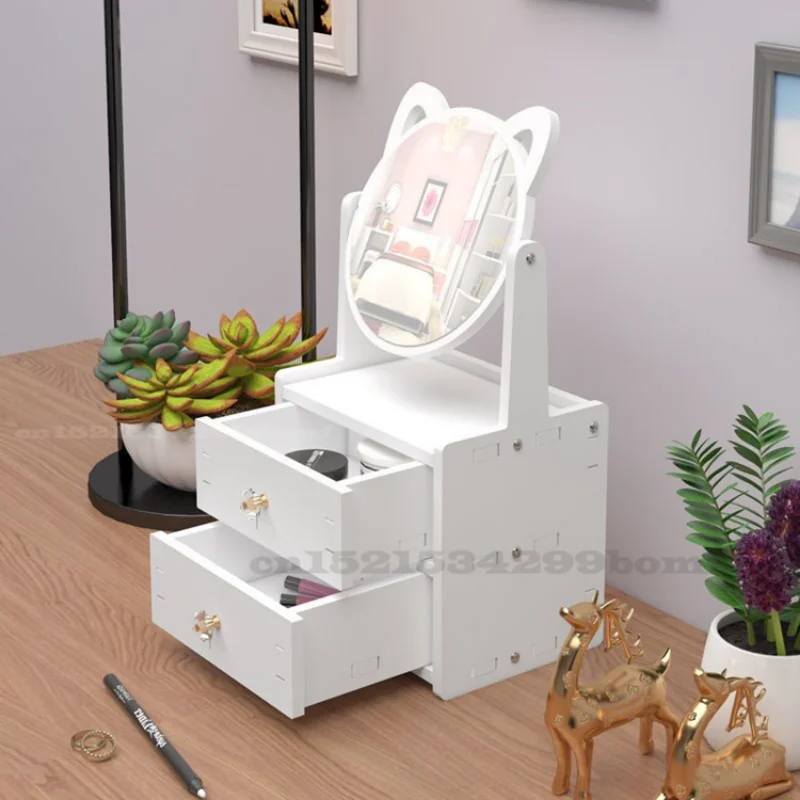 Home Dressing Table with Lovely Cats Mirror, Rotate Makeup Organizer, Nail Polish Brush, Jewelry Storage Box