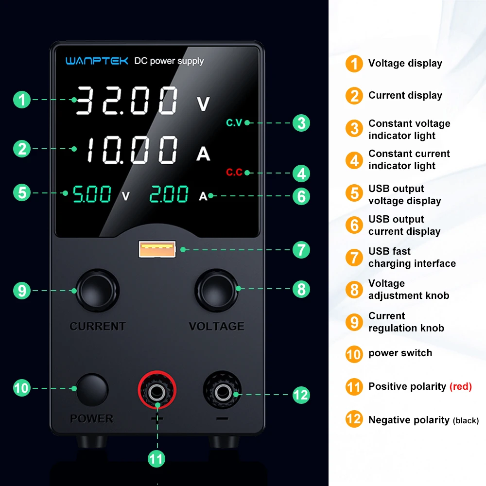 Wanptek DC Alimentatore da laboratorio regolabile 30V 10A 60V 5A 120V 3A con alimentatore da banco di ricarica rapida USB