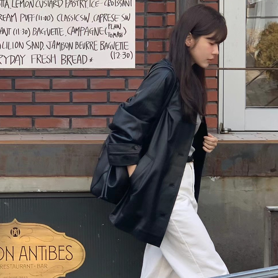 ルーズブラック Pu レザージャケット女性の春秋のファッションデザインストリートスタイルレトロスーツコート長袖テーラード襟