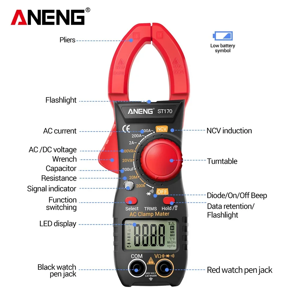 ANENG ST170 Clamp Meter มัลติมิเตอร์เครื่องทดสอบดิจิตอล 1999 นับแรงดันไฟฟ้า AC/DC โวลต์มิเตอร์ Hz Capacitance NCV Ohm เครื่องทดสอบไดโอดเครื่องมือ