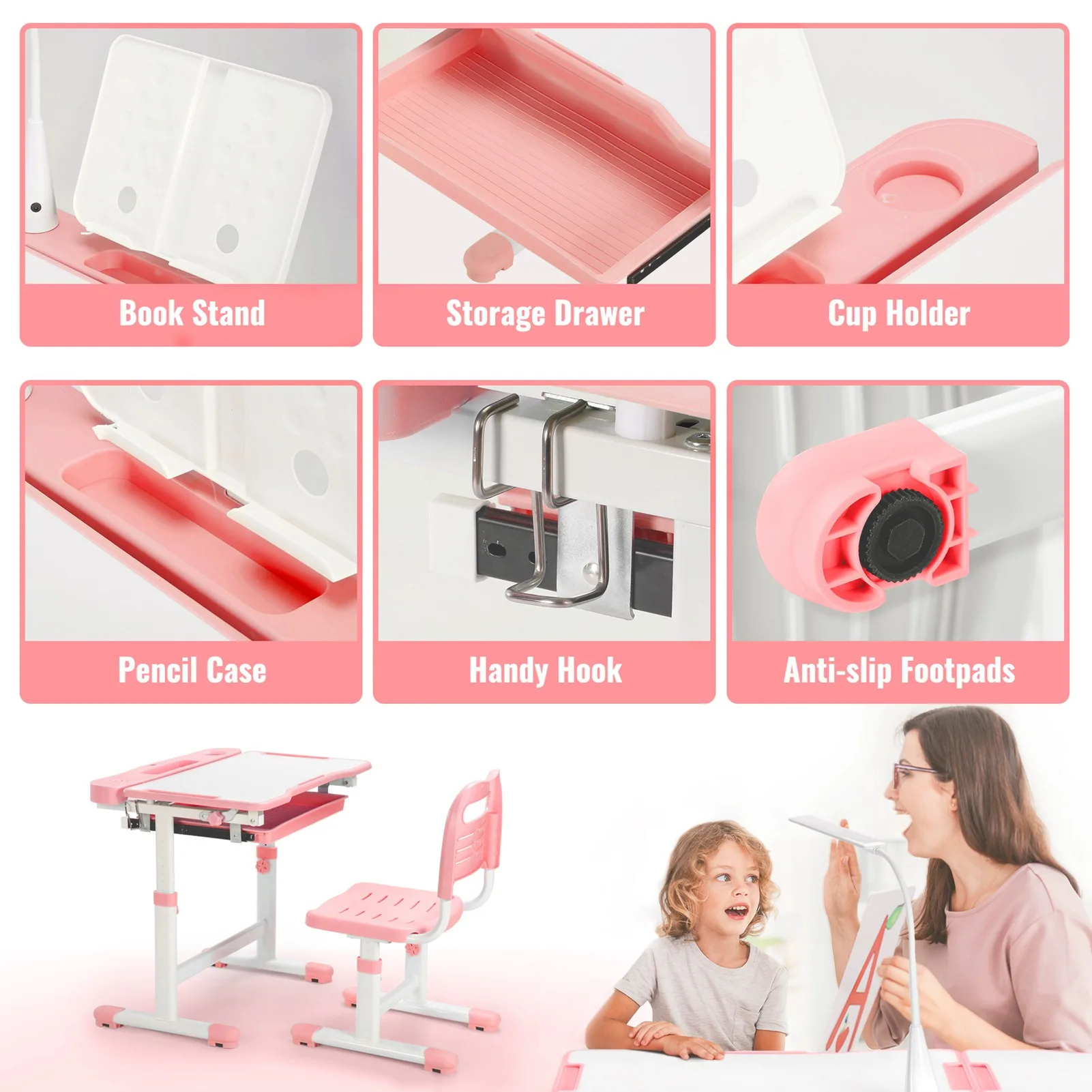 Kinderschreibtisch und Stuhl-Set für Kinder, Arbeitszimmer, Schreibtisch-Set mit verstellbarem Schreibtisch, Rosa
