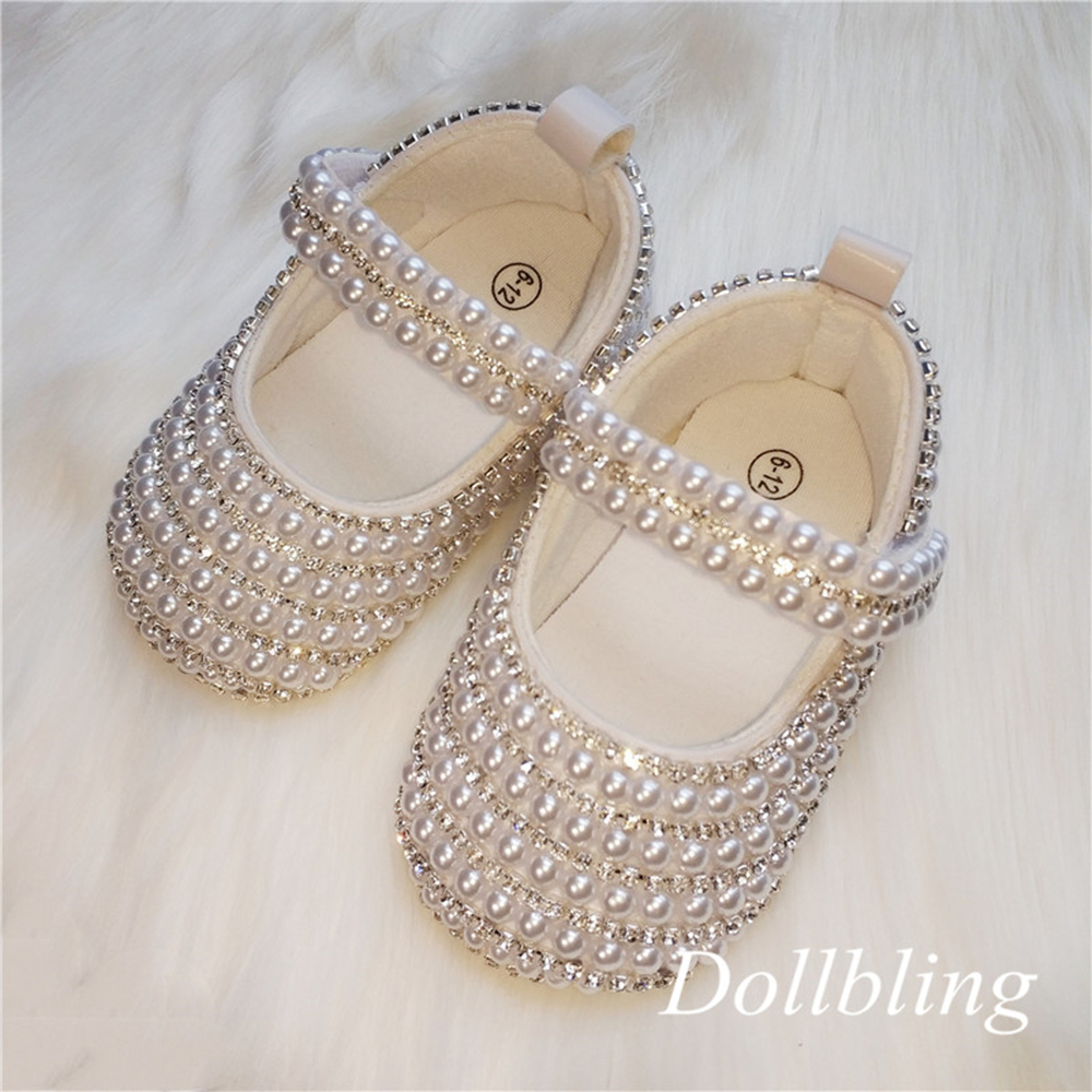 Dollbling Princess Girl Off-white Pearls Ordinal Rhinestone Comfortable Soft Cotton Inner Hook and Loop Toddler Crib Shoes