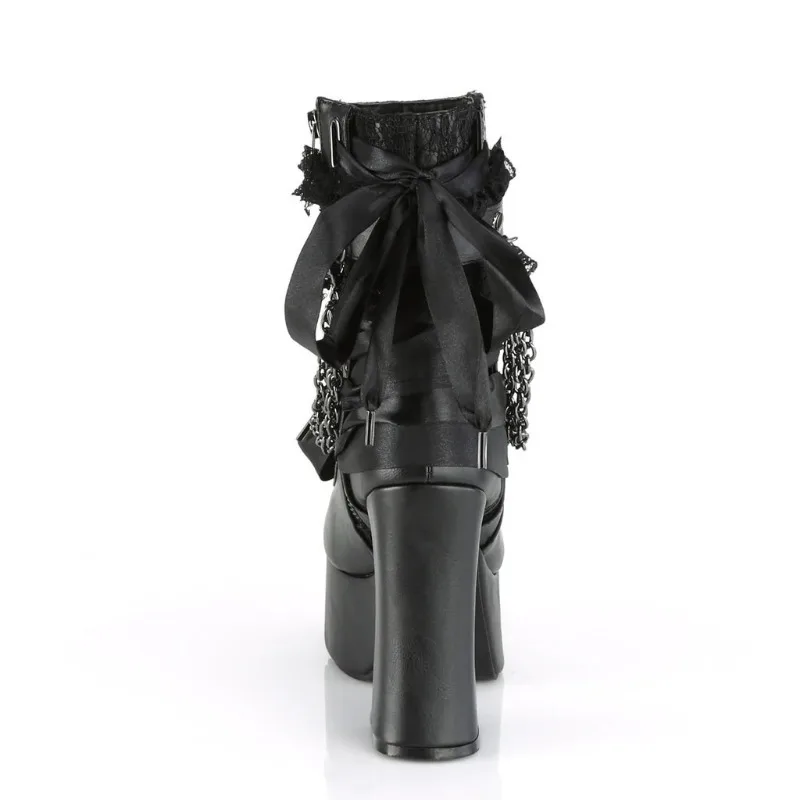 Botas cortas con lazo y cadena de estilo gótico para mujer, botines con plataforma gruesa y tacón cuadrado con punta redonda Retro, zapatos de fiesta Punk para mujer