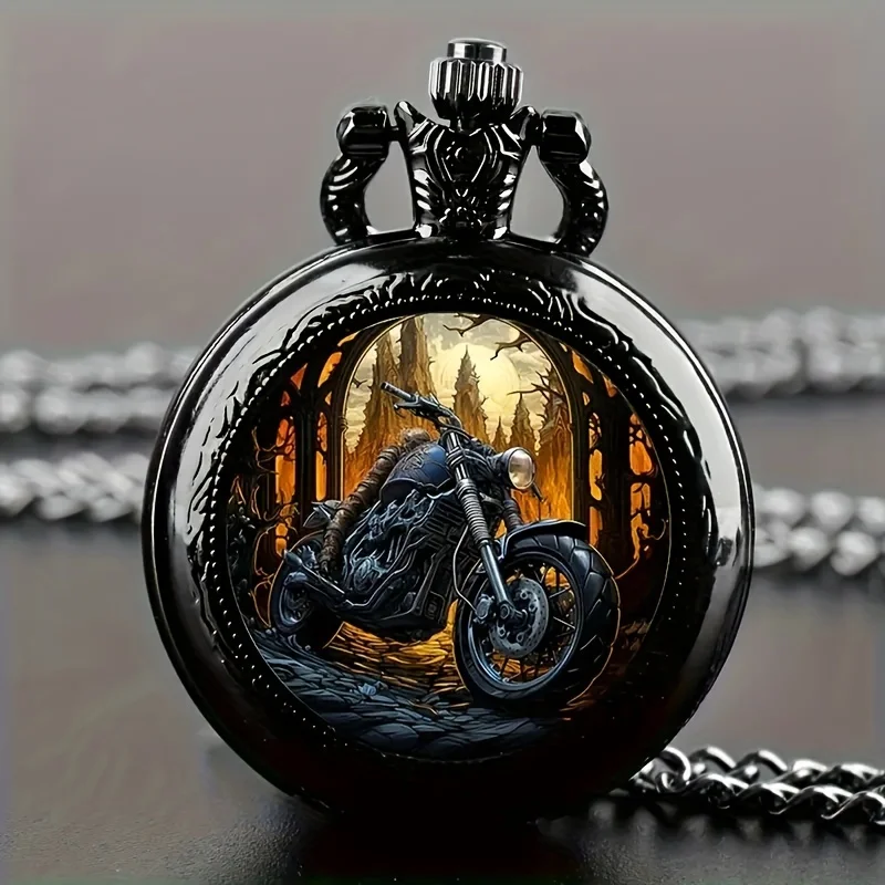 Schwarze Vintage-Motorrad-Quarz-Taschenuhr, Halsketten-Anhänger mit Weltzeitfunktion, ideales Geschenk für Männer, Frauen und Kinder