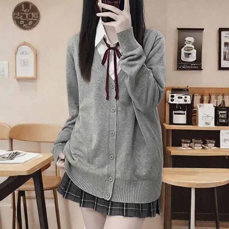 Suéter de punto con cuello en V de color sólido de moda japonesa, cárdigan de uniforme newJK original, suéter de algodón para mujer de otoño e invierno
