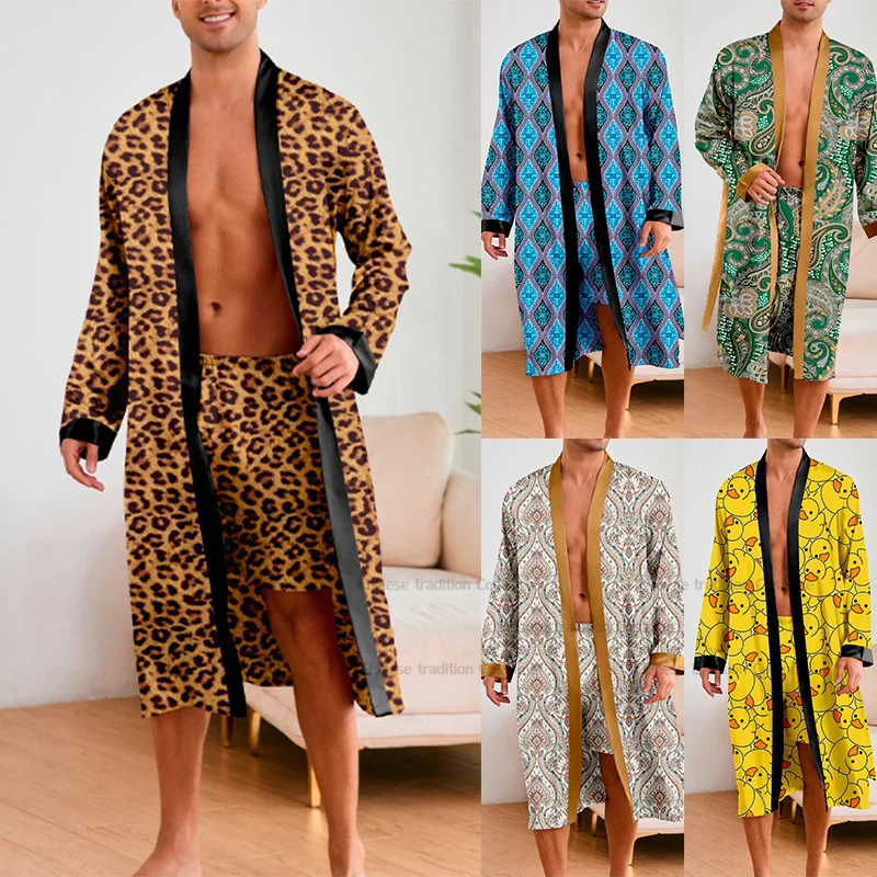 Männer 2-teilige Nachtwäsche Leopard Bademantel Set Satin Kimono Peignoir Homme Lange Herren Sexy Nachtwäsche Loungewear Home Dressing Kleid