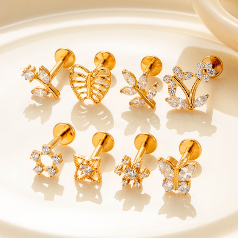 1 Buah Perhiasan Tindik Labret Titanium G23 Ulir Dalam, Stud Telinga Berhiaskan CZ Bentuk Bunga Kupu-kupu, Helix Tragus Stud Flatback, Perhiasan Tindik Bibir