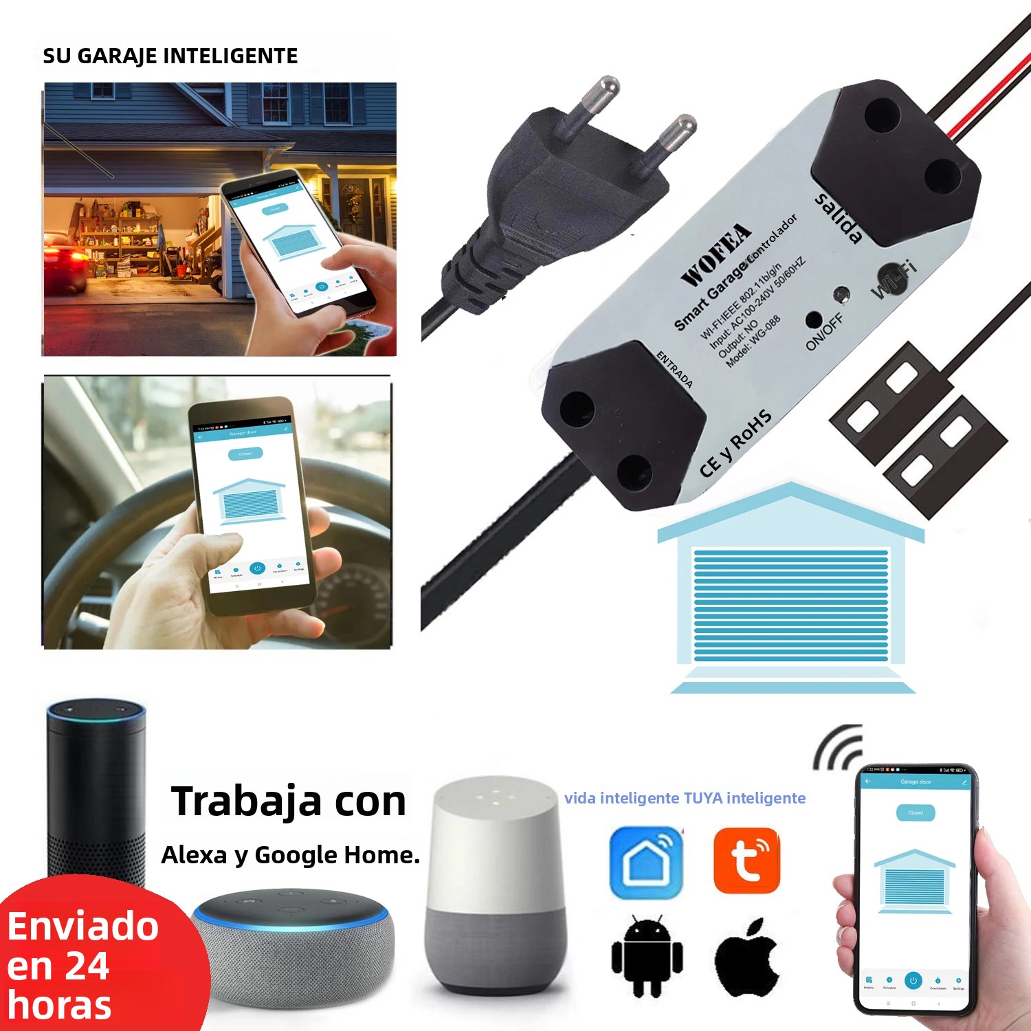 Wofea-interruptor WiFi, controlador inteligente de abridor de puerta de garaje, funciona con Alexa Echo, Google Home, SmartLife/Tuya, Control por aplicación, No requiere Hub