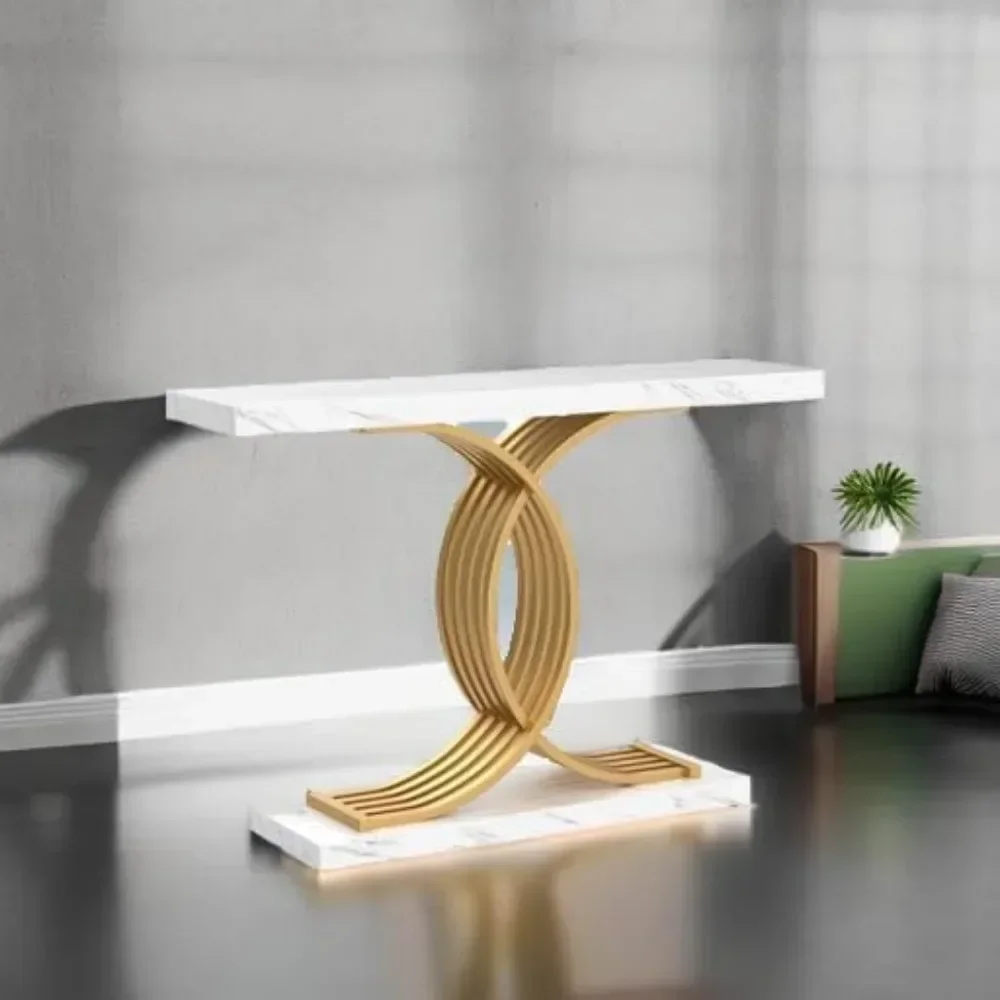 Mesa de entrada dourada, console moderno de 39 polegadas com pernas de metal geométricas, mesa de sofá de madeira estreita de mármore falso, hall de entrada para entrada